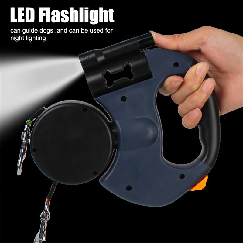 Laisse double pour chien avec lumière LED et compartiment de rangement pour sacs à crottes