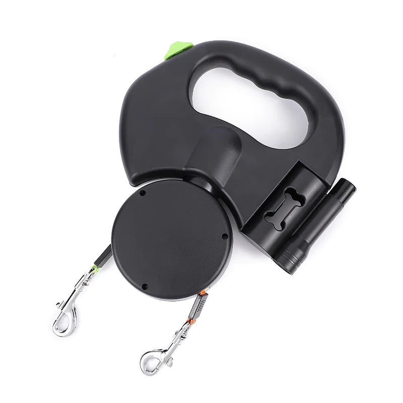 Laisse double pour chien avec lumière LED et compartiment de rangement pour sacs à crottes
