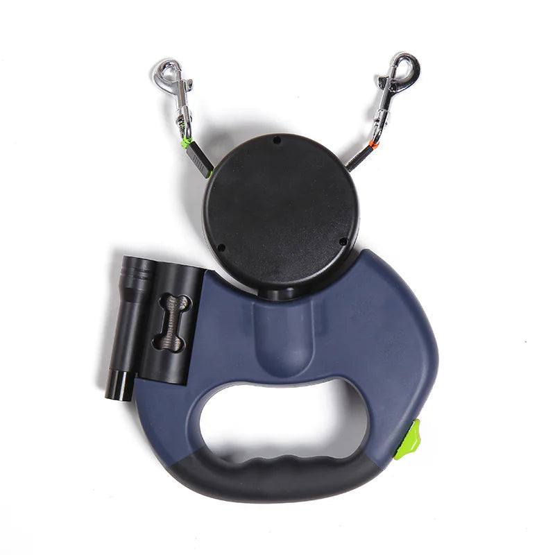 Laisse double pour chien avec lumière LED et compartiment de rangement pour sacs à crottes
