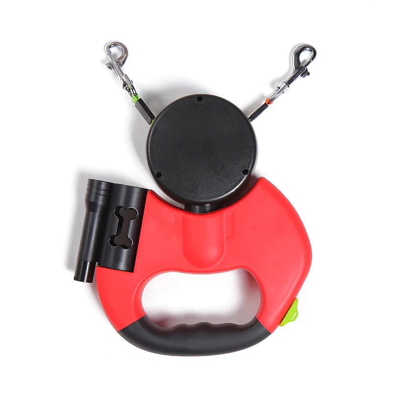 Laisse double pour chien avec lumière LED et compartiment de rangement pour sacs à crottes