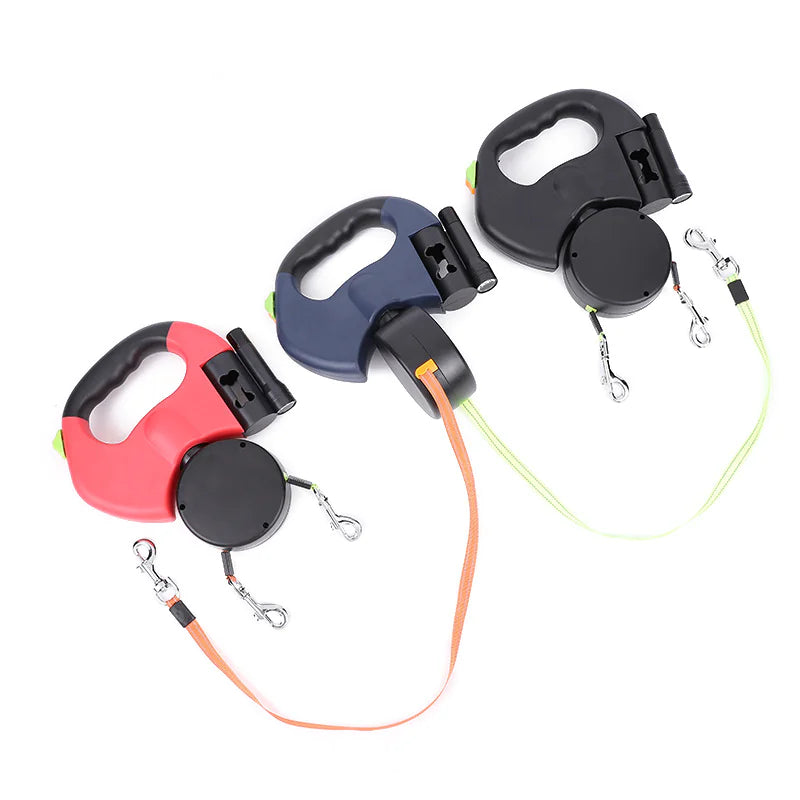 Laisse double pour chien avec lumière LED et compartiment de rangement pour sacs à crottes