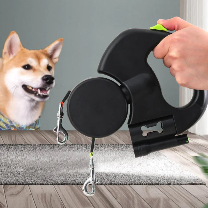 Laisse double pour chien avec lumière LED et compartiment de rangement pour sacs à crottes