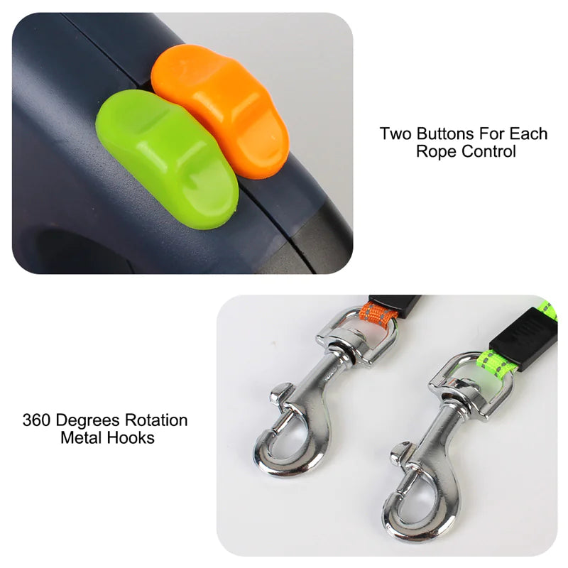 Laisse double pour chien avec lumière LED et compartiment de rangement pour sacs à crottes