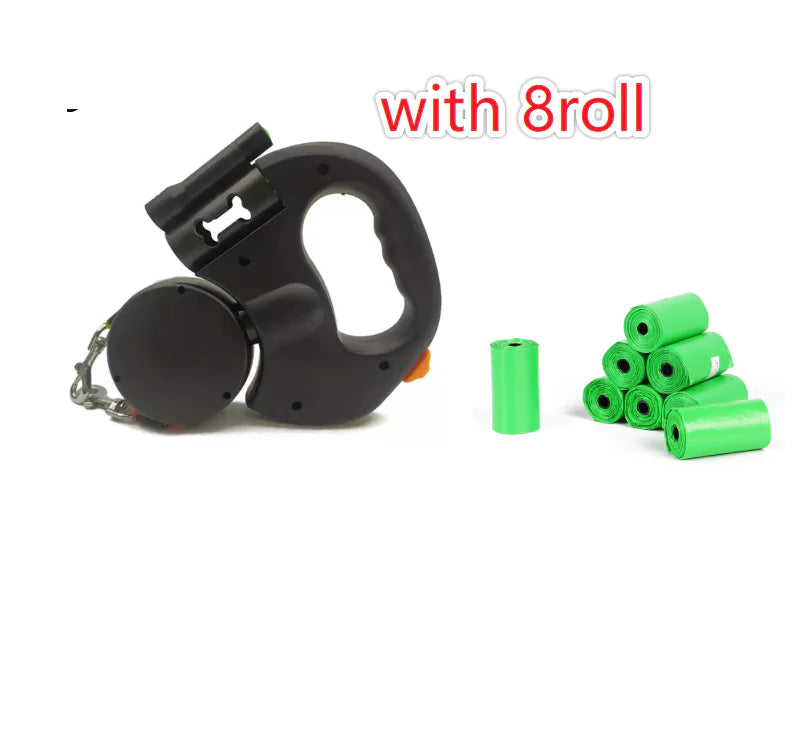 Laisse double pour chien avec lumière LED et compartiment de rangement pour sacs à crottes
