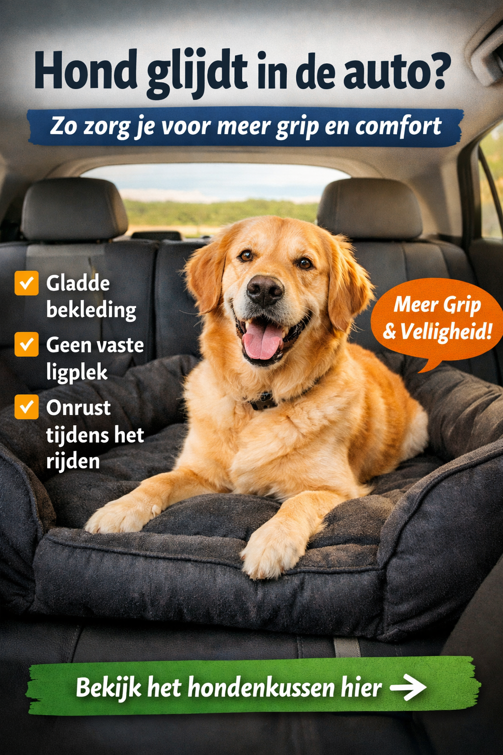 hond op hondenkussen achterbank auto meer grip en comfort tijdens autorit