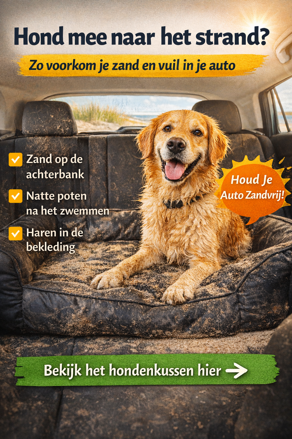 hond nat en vies van strand op achterbank auto met beschermend hondenkussen tegen zand en vuil