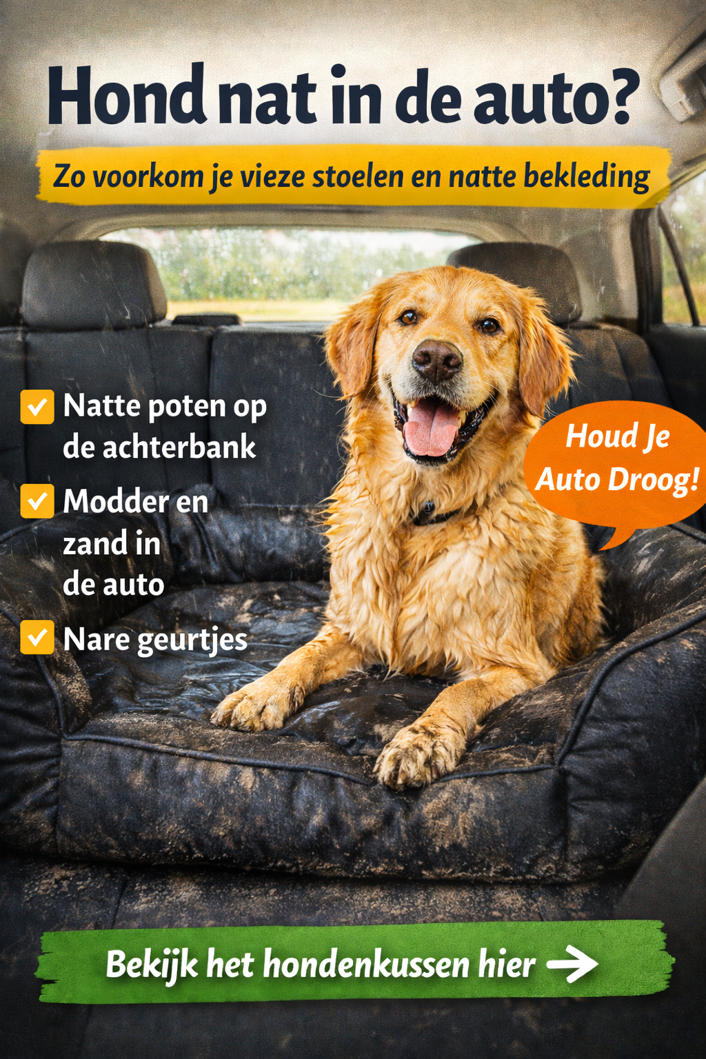 natte hond op hondenkussen in auto bescherming tegen natte bekleding en vuil