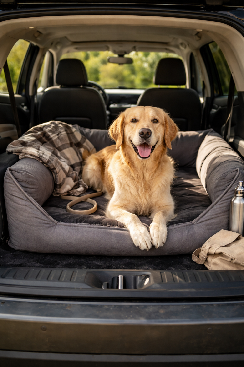 hond op comfortabel hondenkussen in de auto
